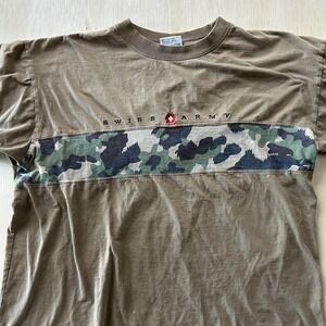 Vintage PROMOWEIL Mens Large Brown Camouflage Swish Army Logo Short Sleeve Tee
